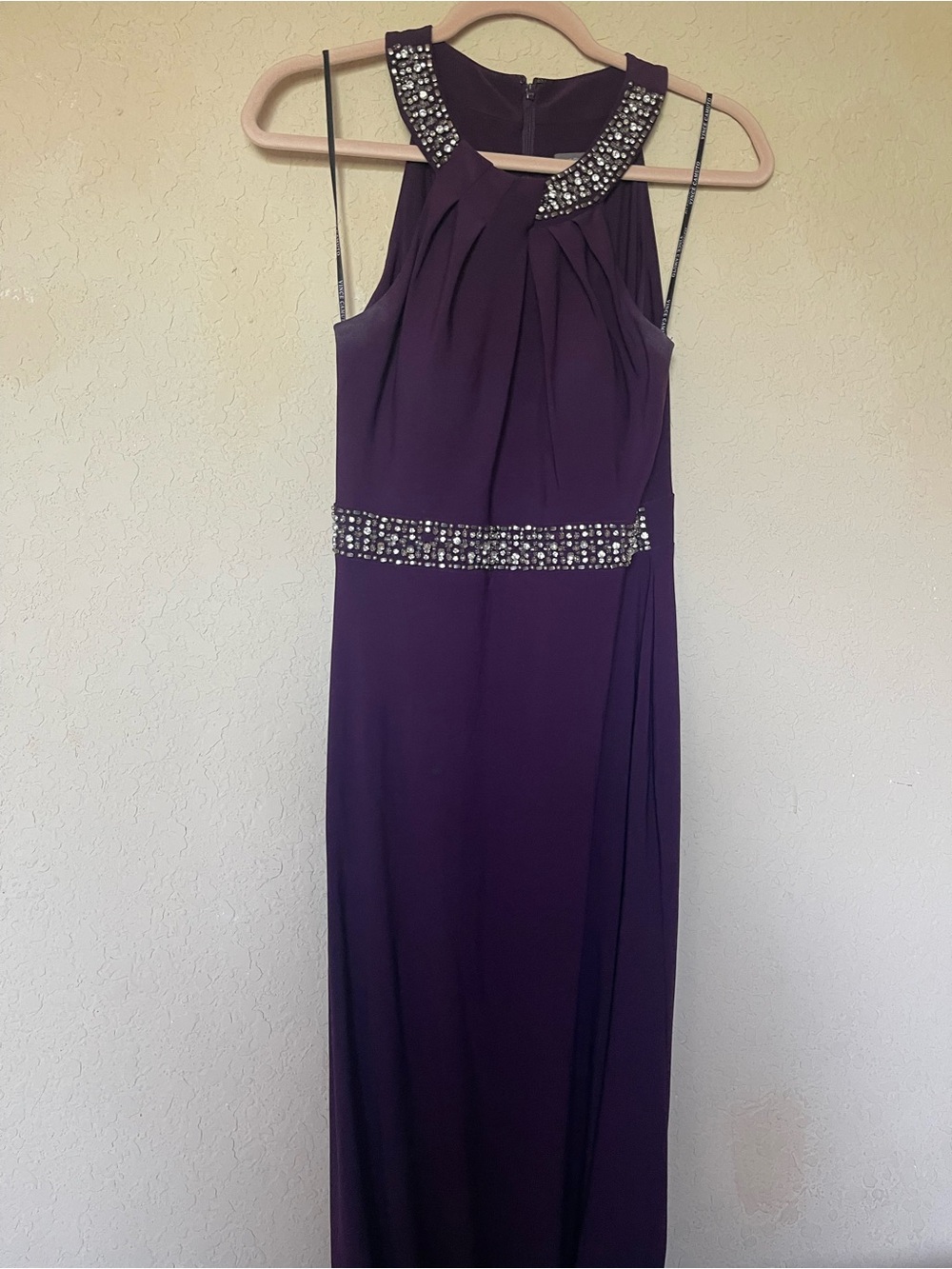 Vince Camuto Plum Halter Gown with Crystal Collar and Waist